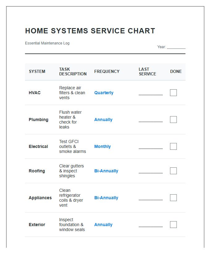 Essential Home Systems Service Printable Chart