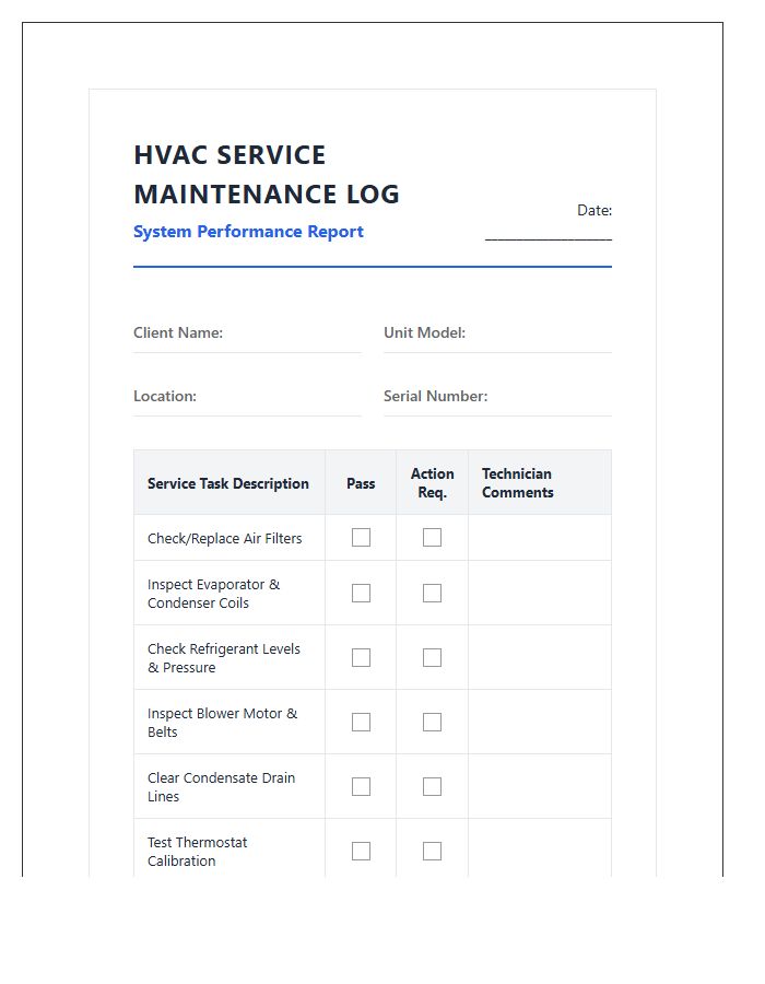 Heating Ventilation Air Conditioning Service Printable Chart