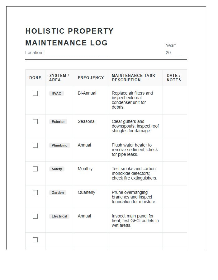Holistic Property Maintenance Log Printable Chart