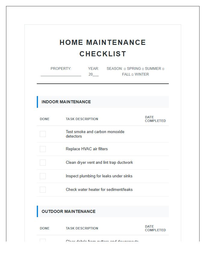 Indoor Outdoor Home Maintenance Printable Chart