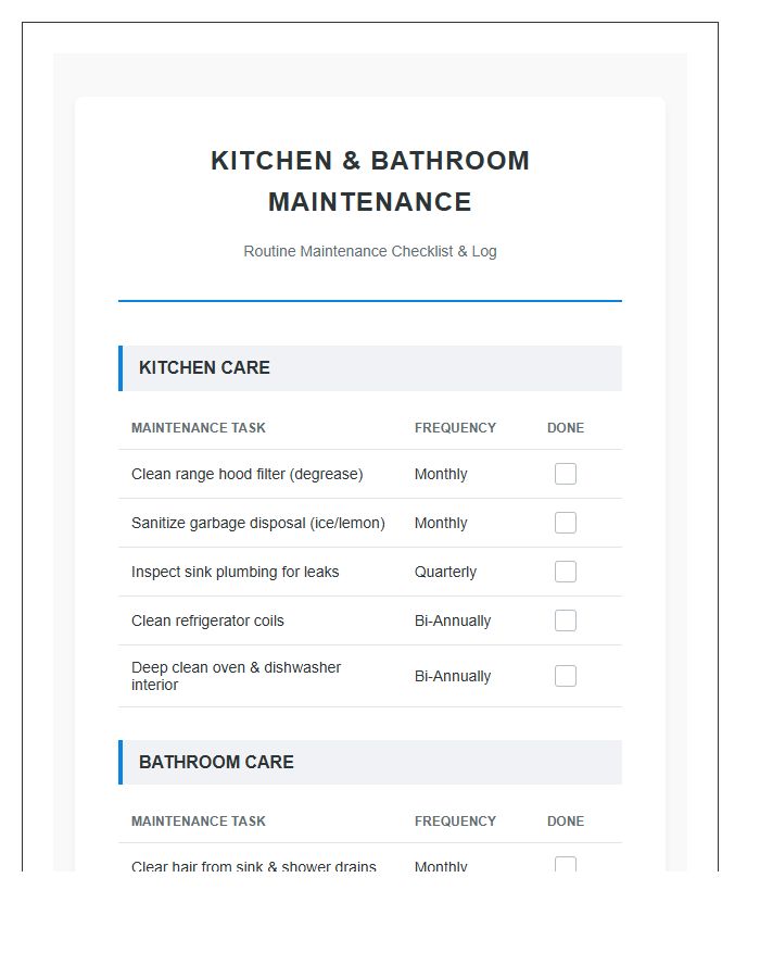 Kitchen And Bathroom Maintenance Printable Chart
