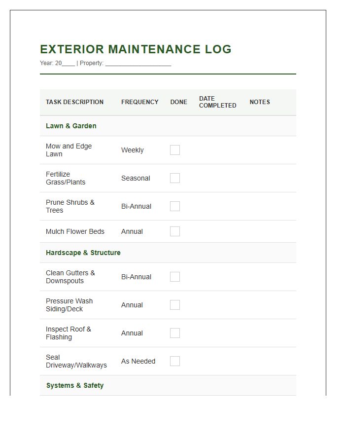 Landscaping And Exterior Maintenance Printable Chart