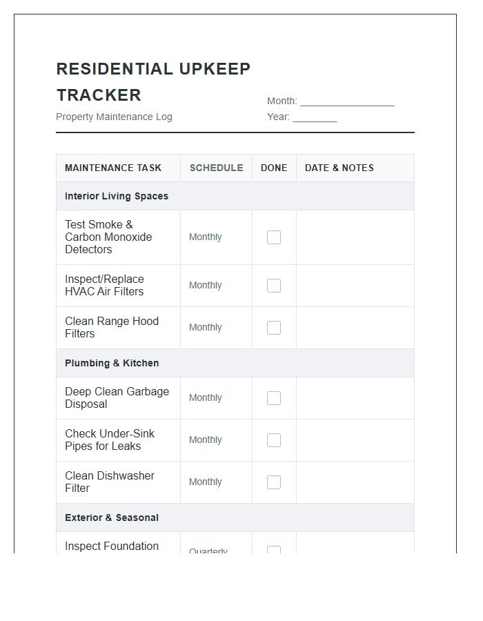 Monthly Residential Upkeep Tracker Printable Chart