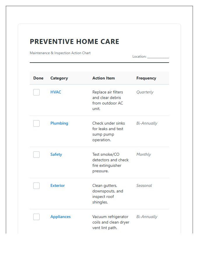 Preventive Home Care Action Printable Chart