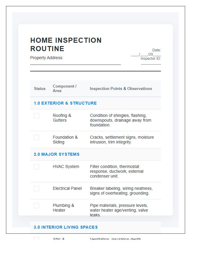 Professional Home Inspection Routine Printable Chart