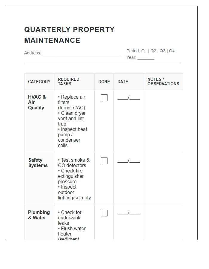 Quarterly Property Management Task Printable Chart