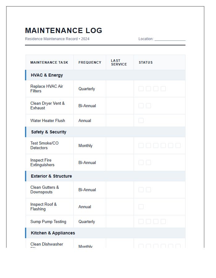 Recurring Home Maintenance Duty Printable Chart