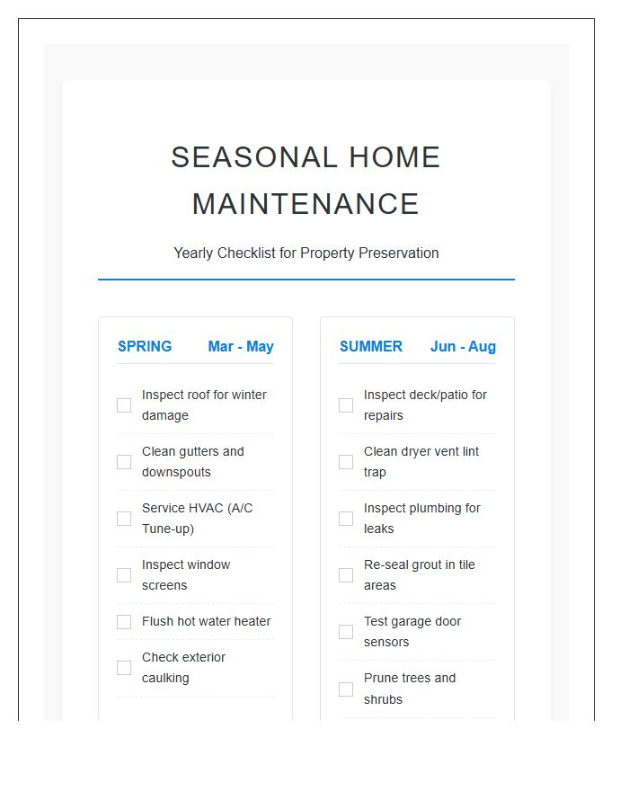 Seasonal Home Care Schedule Printable Chart