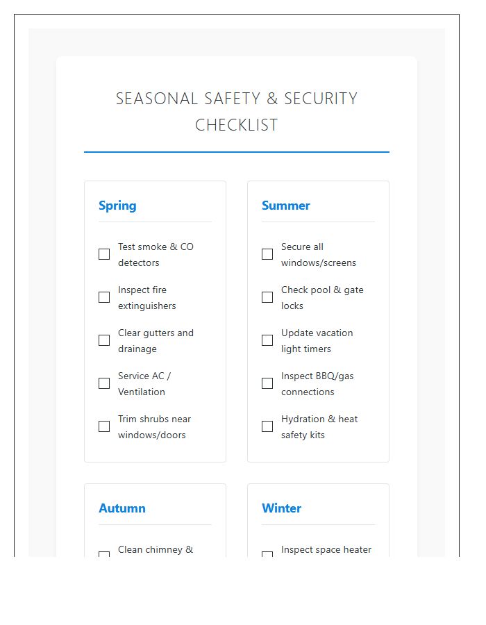 Seasonal Safety And Security Printable Chart
