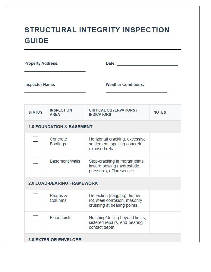 Structural Integrity Inspection Guide Printable Chart