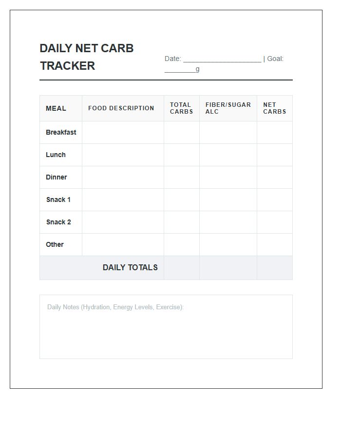 Daily Net Carb Tracking Printable Chart