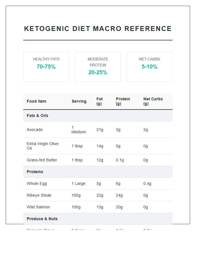 Ketogenic Diet Fat Protein Carb Printable Chart