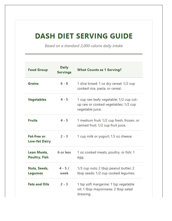Comprehensive Dash Diet Serving Size Printable Chart