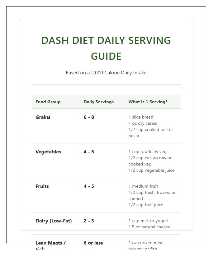 Dash Diet Food Group Portion Size Printable Chart