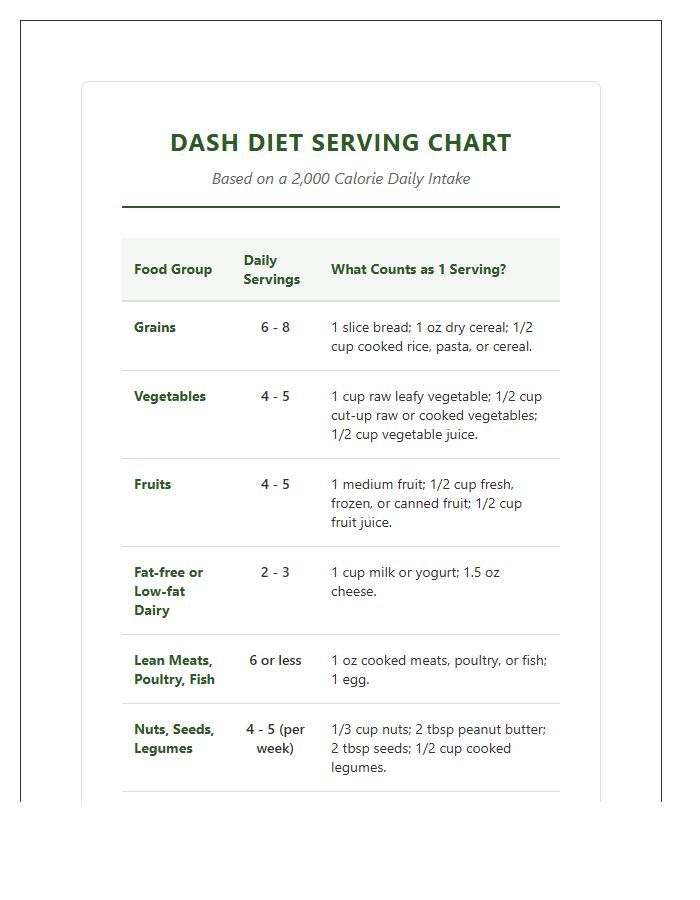 Printable Dash Diet Healthy Eating Serving Chart