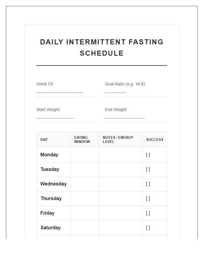 Daily Intermittent Fasting Schedule Printable Chart