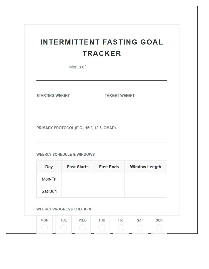 Intermittent Fasting Goal Setting Printable Chart