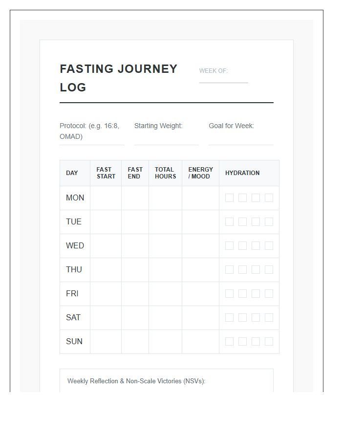 Intermittent Fasting Health Journey Printable Chart
