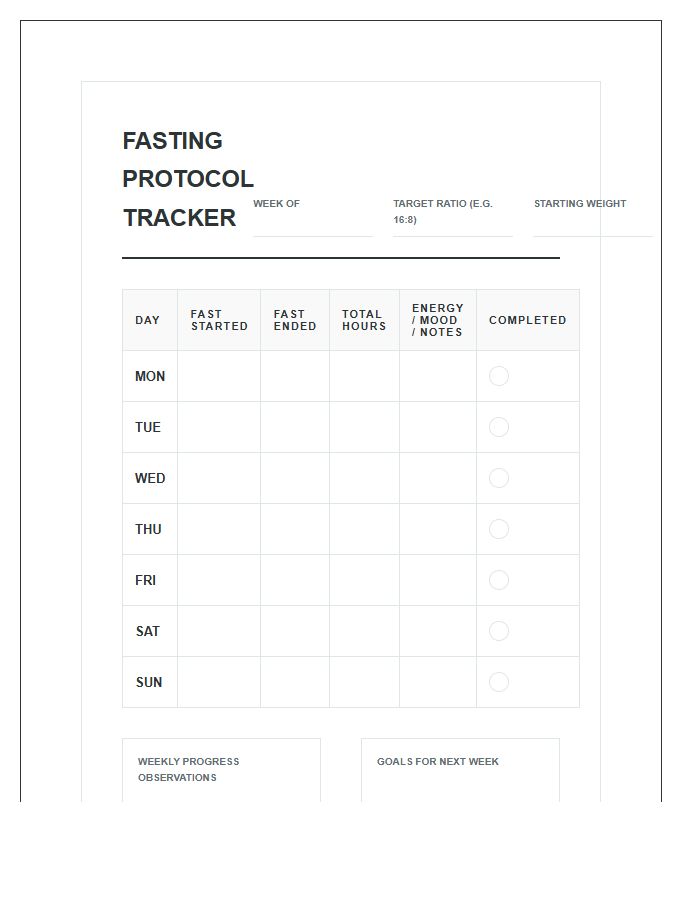 Intermittent Fasting Protocol Tracker Printable Chart