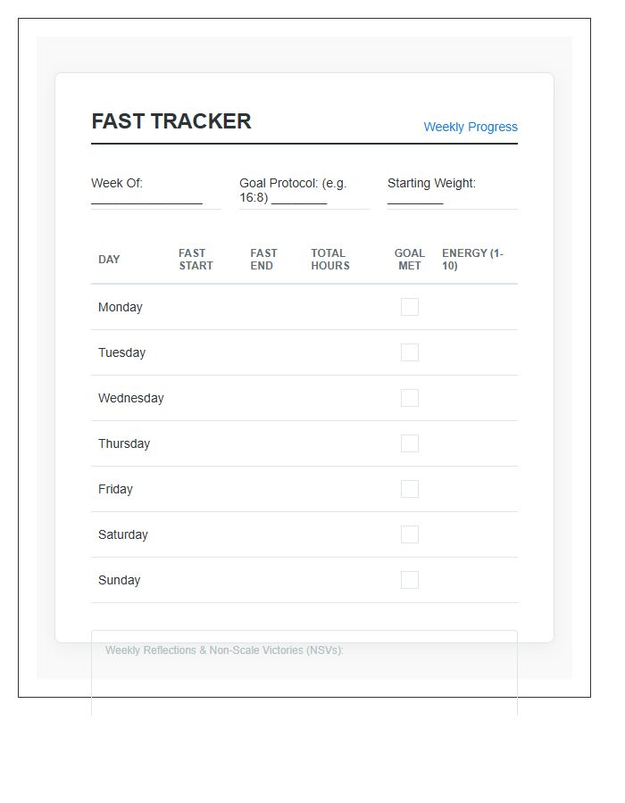 Intermittent Fasting Success Tracker Printable Chart