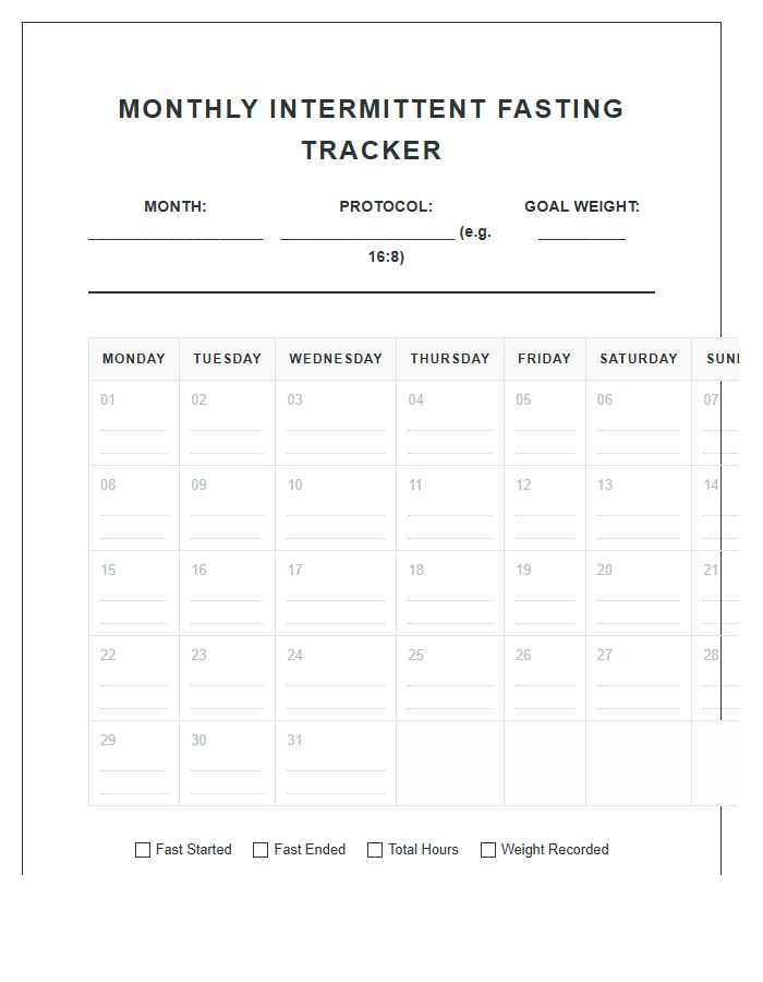 Monthly Intermittent Fasting Schedule Printable Chart