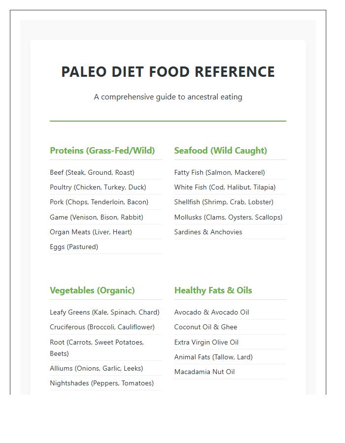 Comprehensive Paleo Diet Food List Printable Reference Chart