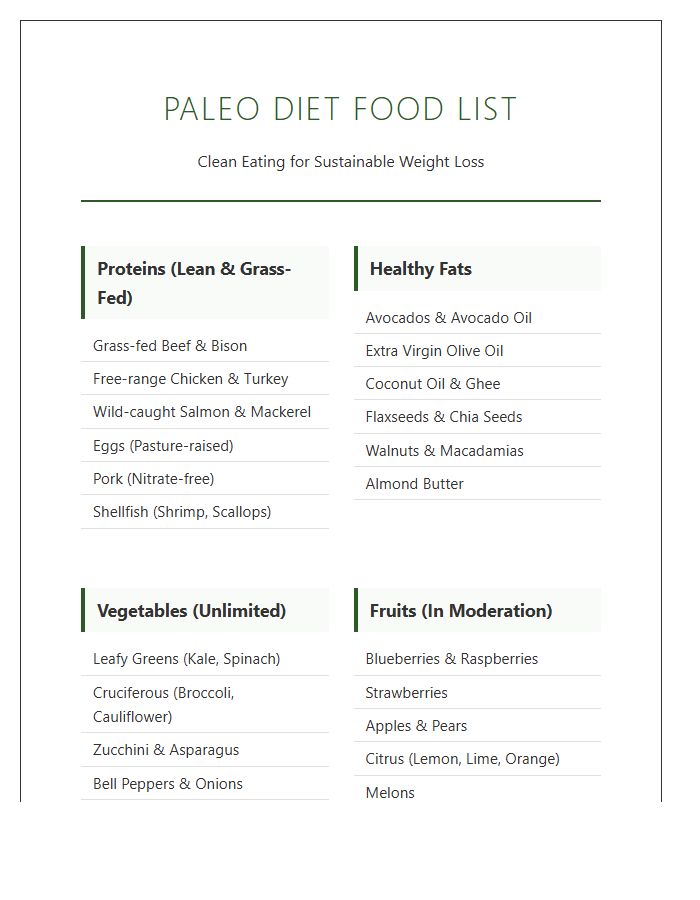 Printable Paleo Diet Food List Chart For Weight Loss