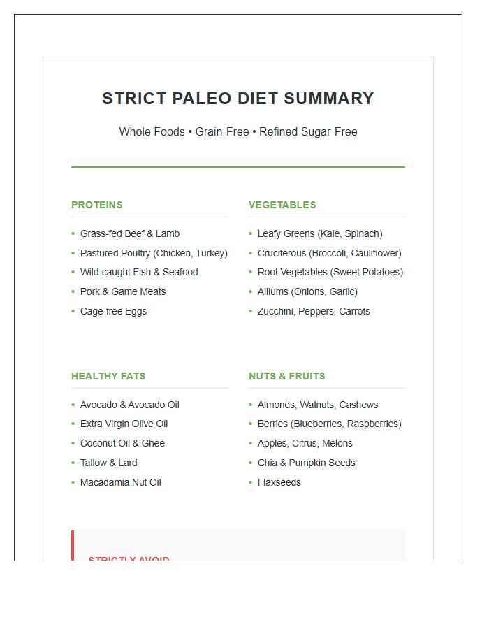 Strict Paleo Diet Food List Printable Summary Chart