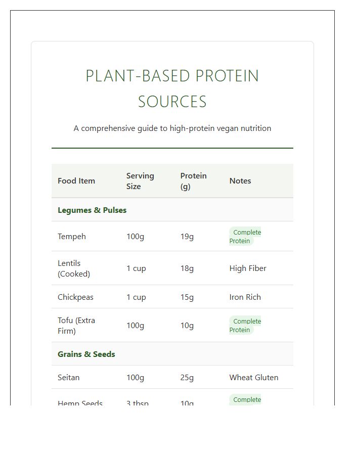 Complete Plant Based Protein Source Chart Printable