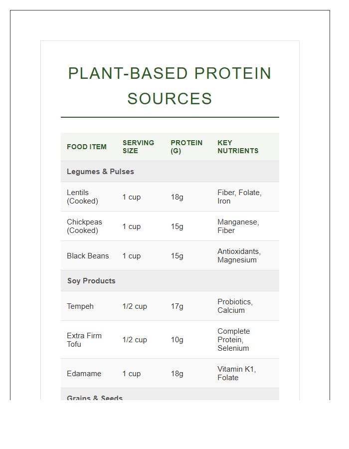 Comprehensive Plant Based Protein Source Chart Printable