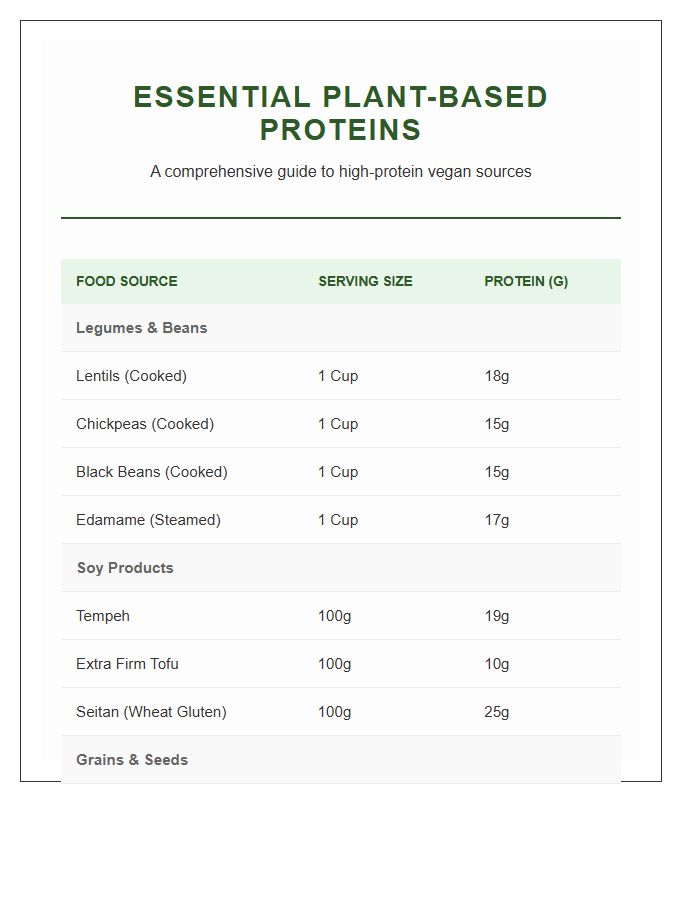 Essential Plant Based Protein List Chart Printable