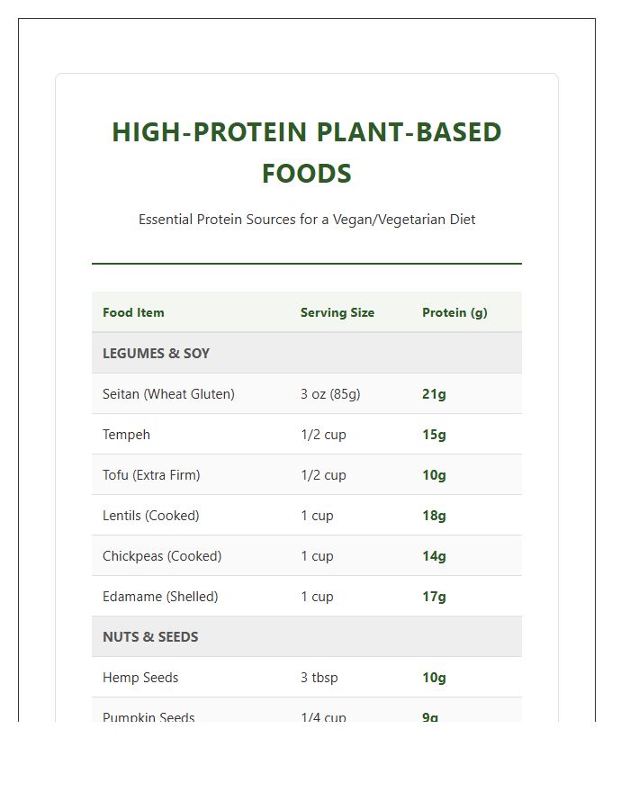 High Protein Plant Based Foods Chart Printable