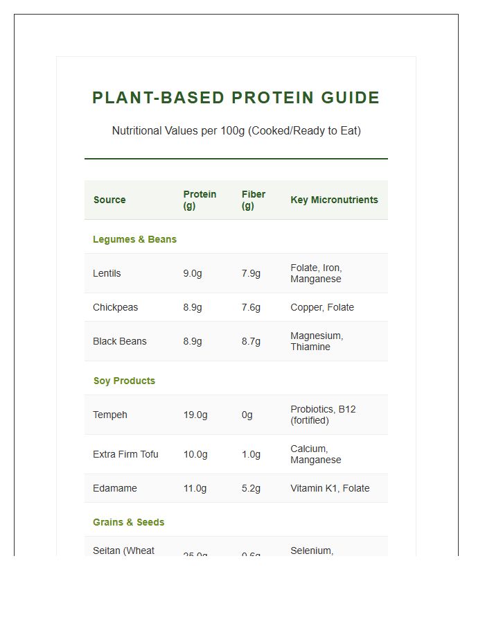 Printable Plant Based Protein Nutrient Chart