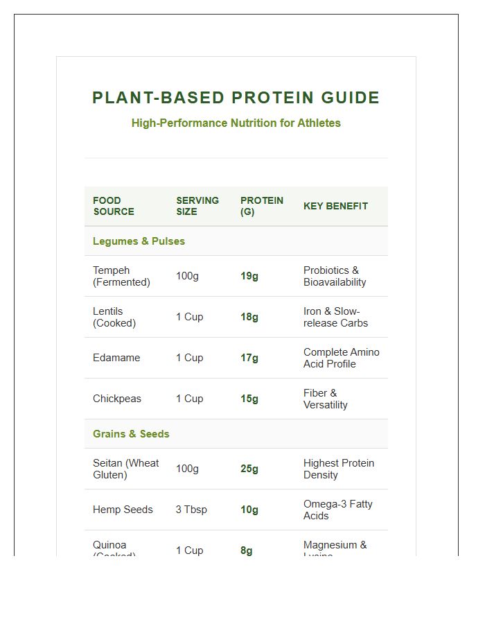 Printable Plant Based Protein Sources For Athletes Chart