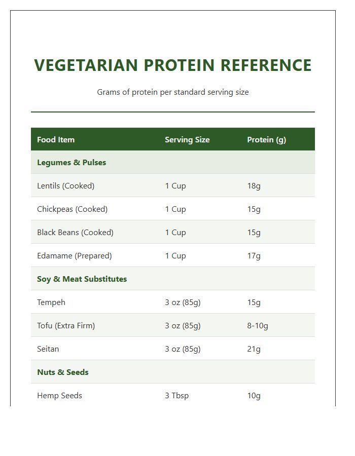 Printable Vegetarian Protein Source Reference Chart