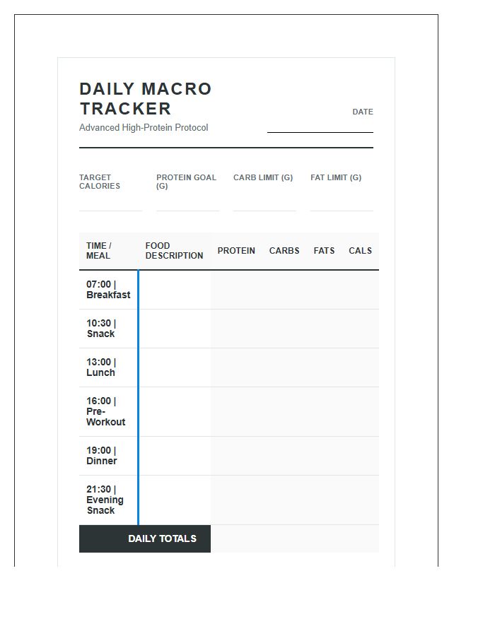 Advanced High Protein Macro Tracking Printable Chart