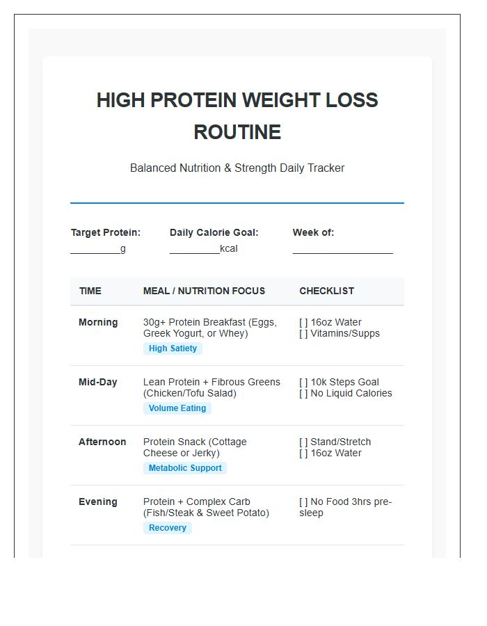 Balanced High Protein Weight Loss Routine Printable Chart