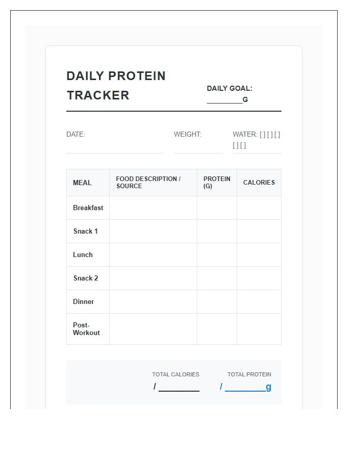 Daily High Protein Meal Tracker Printable Chart