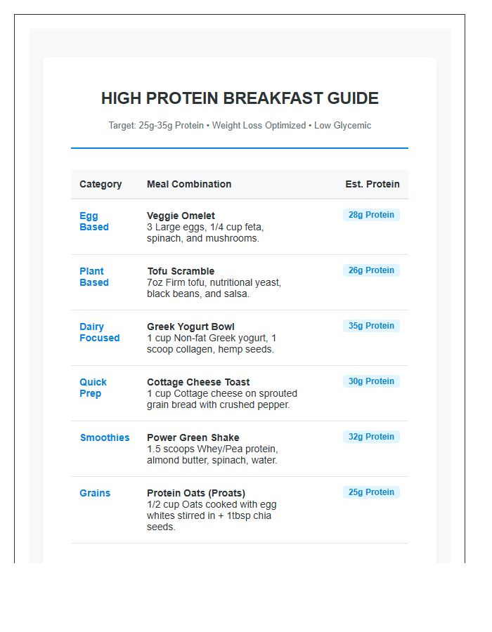 High Protein Breakfast Guide For Weight Loss Printable Chart