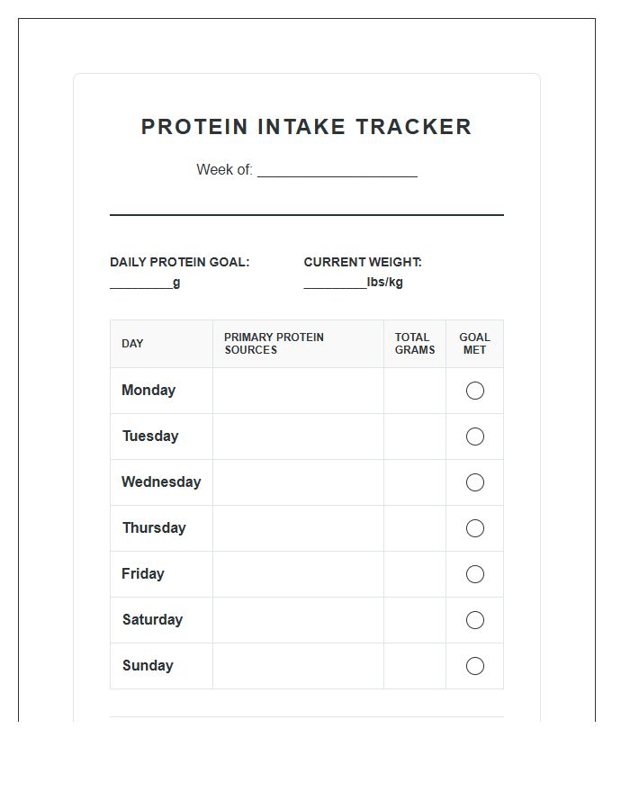 High Protein Daily Intake Tracking Printable Chart