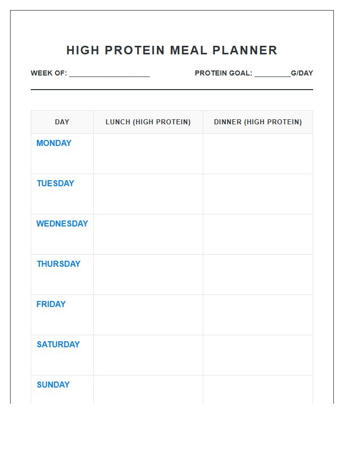 High Protein Lunch And Dinner Planner Printable Chart