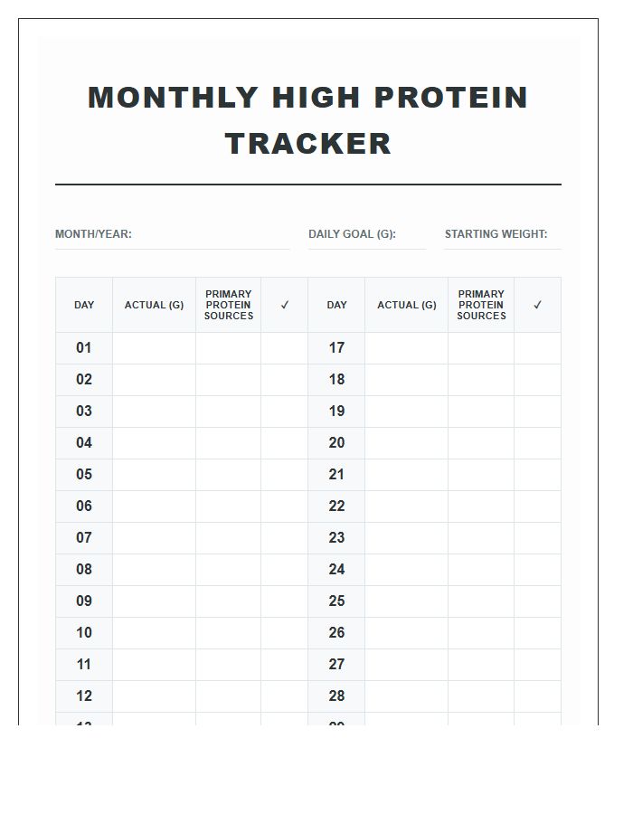 Monthly High Protein Success Tracking Printable Chart