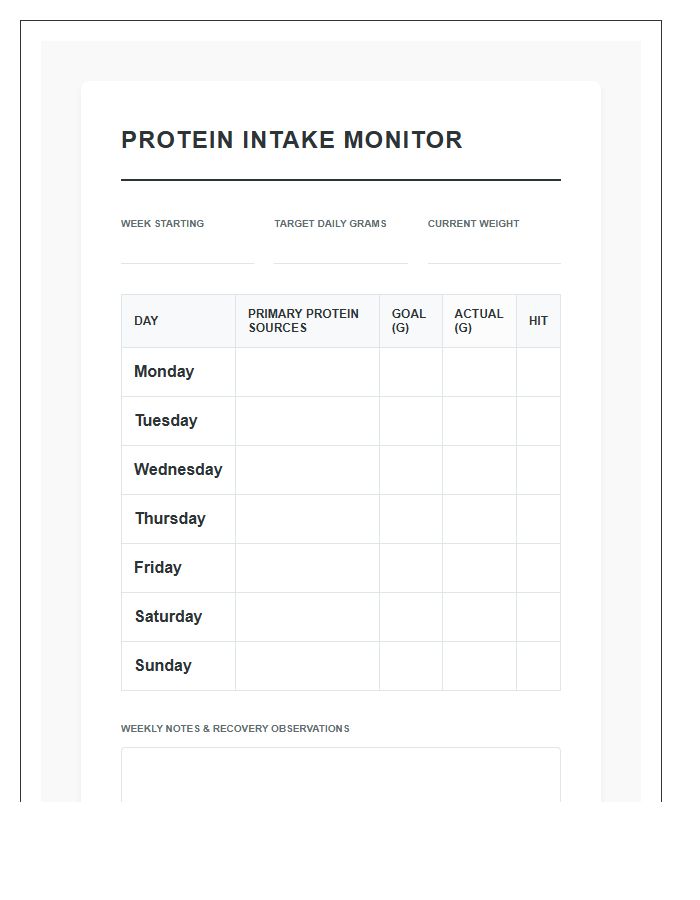 Optimal Protein Intake Monitoring Printable Chart