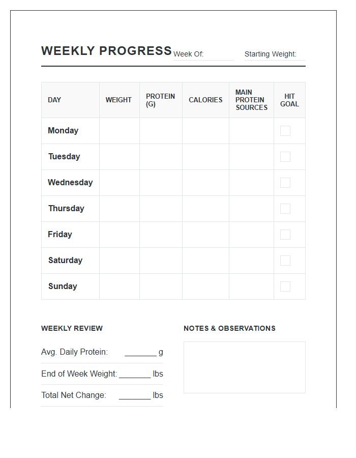 Weekly High Protein Weight Loss Progress Printable Chart