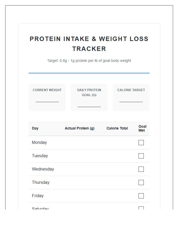Weight Loss Protein Goal Setting Printable Chart