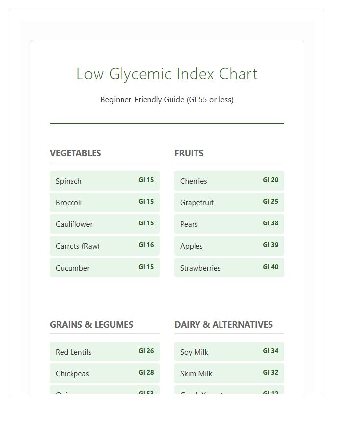 Beginner Friendly Low Glycemic Index Food Printable Chart