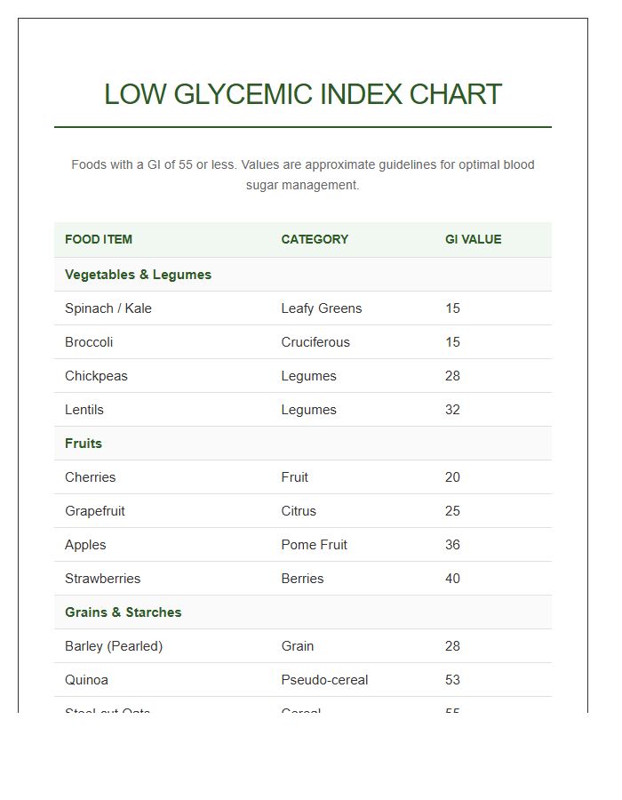 Complete Low Glycemic Index Food Printable Chart