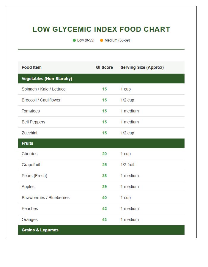 Comprehensive Low Glycemic Index Food Printable Chart