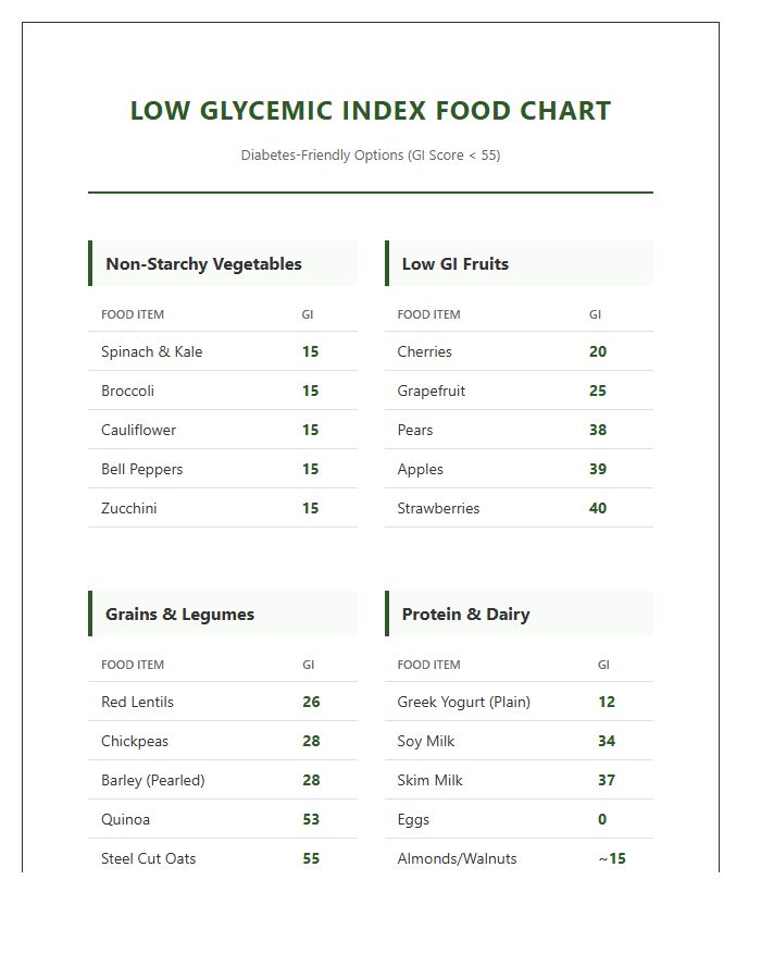 Diabetes Friendly Low Glycemic Index Food Printable Chart