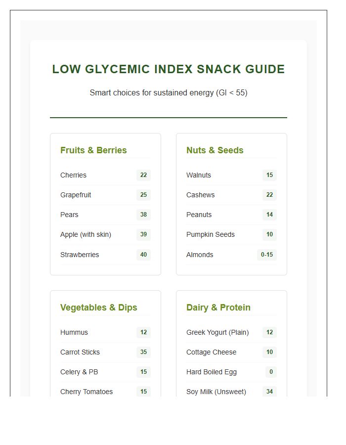 Healthy Snack Low Glycemic Index Food Printable Chart